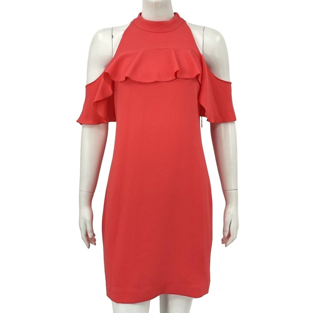Trina Turk Dress Womens 4 Coral Lily Laelia Cold Shoulder Ruffle Halter Cocktail